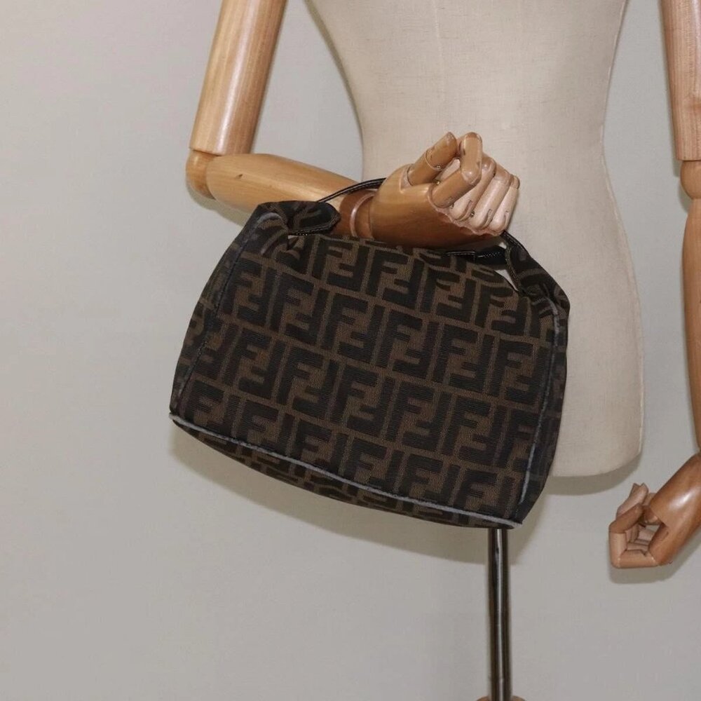 FENDI Zucca Canvas Vanity Pouch Black Brown Gold Auth 124810